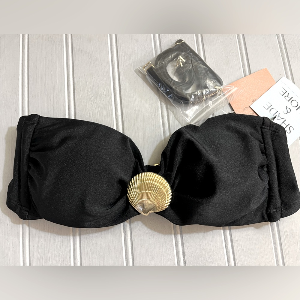 Shade And Shore Bandeau Bikini Top Womens‎ XS Black Gold Shell Hardware NWT
